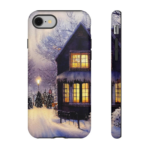 Glowing Homes in the Snow with Christmas Decorations - Impact Resistant Phone Case iPhone 8 Matte